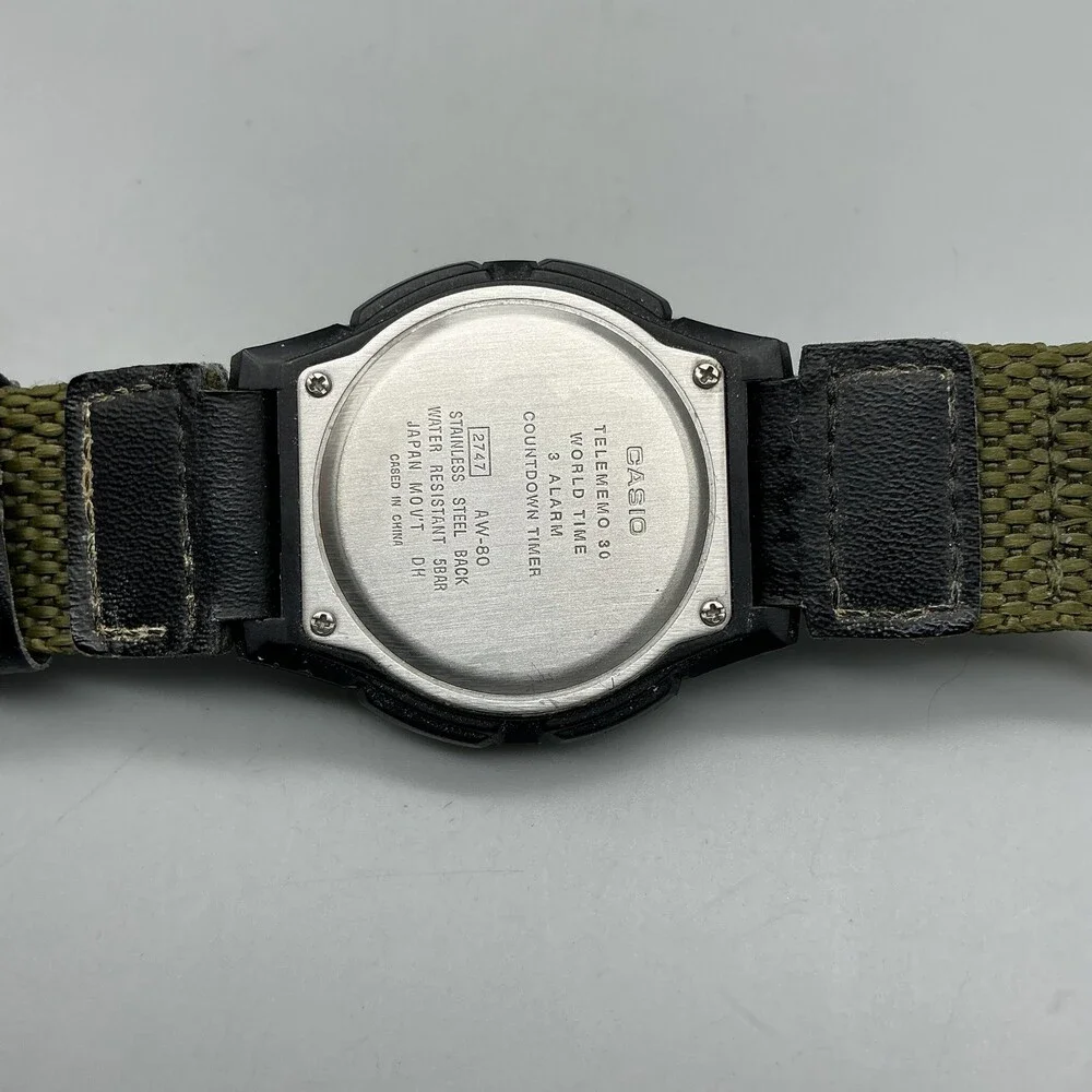 Casio 2747 AW-80 Mens Watch 40mm Beige Dial Green Telememo 30 Illuminator